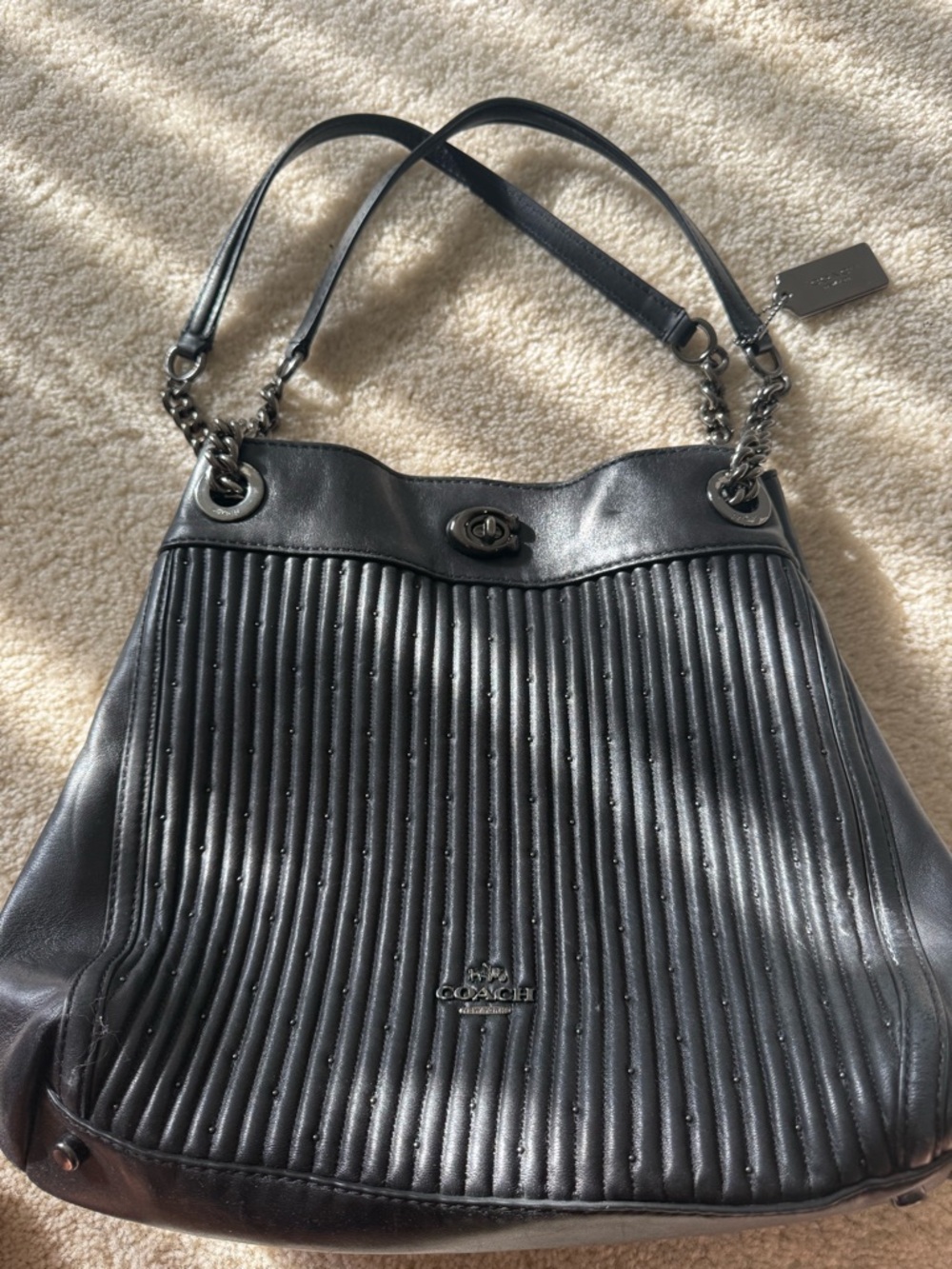 Coach Black Leather Ribbed Chain-Accent Shoulder Bag